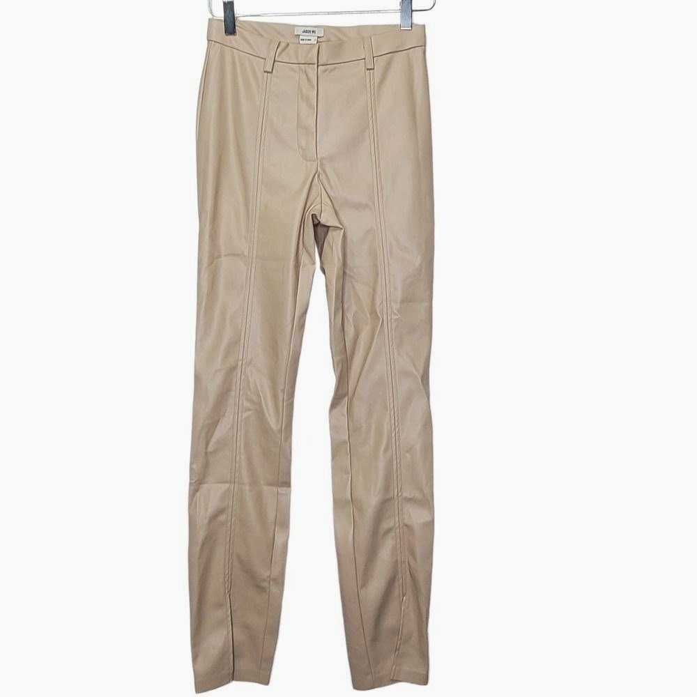 Jason Wu Faux Leather Skinny Pants Beige Split Leg Flat Front Preppy S